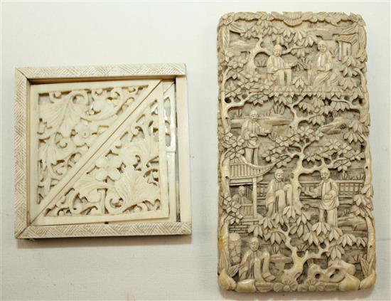 A Chinese export ivory card case and a similar tangram puzzle, 19th century, 8.5 and 5.1cm